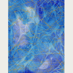 Vibrant blue watercolor with gold accents, showcasing organic shapes and dynamic marks.