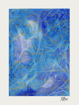 Vibrant blue watercolor with gold accents, showcasing organic shapes and dynamic marks.