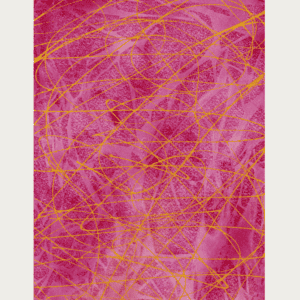 Abstract pink watercolor with gold ink scribbles, artistic organic shapes.