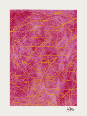 Abstract pink watercolor with gold ink scribbles, artistic organic shapes.
