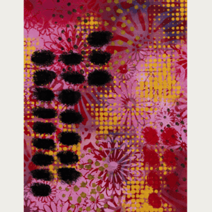 Abstract mixed media floral art with vibrant pink, yellow, and black accents.