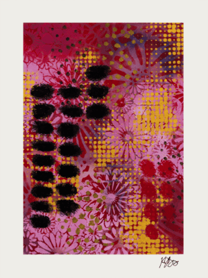 Abstract mixed media floral art with vibrant pink, yellow, and black accents.