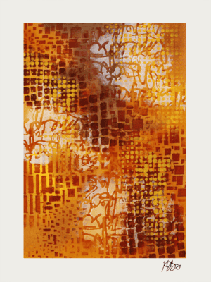 Abstract mixed media artwork featuring warm orange, yellow, and brown hues with textured patterns an.