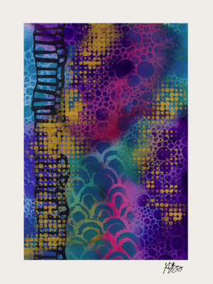 Colorful mixed media artwork with bold patterns and textures.
