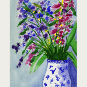 Bright watercolor painting of colorful flowers in a decorative blue and white vase.