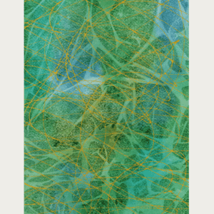 Abstract watercolor with organic shapes and gold ink marks.