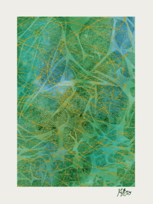 Abstract watercolor with organic shapes and gold ink marks.